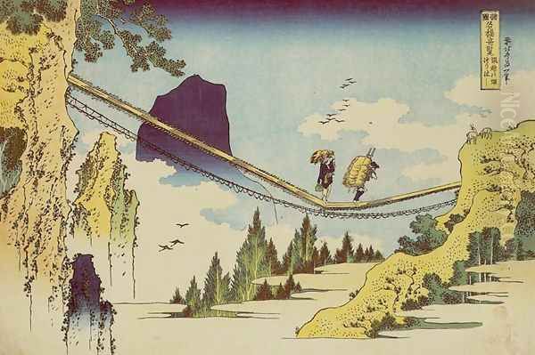 Suspension Bridge on the Border of Hida and Etchu Provinces (Hietsu no sakai tsuribashi) Oil Painting by Katsushika Hokusai