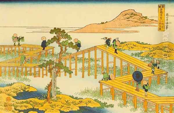 Ancient View of Yatsuhashi in Mikawa Province (Mikawa no Yatsuhashi no kozu) Oil Painting by Katsushika Hokusai