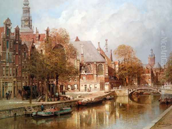 The Oude Kerk and St. Nicolaaskerk, Amsterdam Oil Painting by Johannes Christiaan Karel Klinkenberg