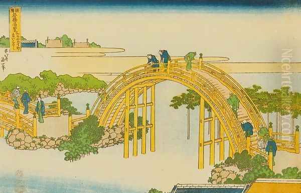 Drum Bridge at Kameido Shrine (Kameido tenjin taikobashi) Oil Painting by Katsushika Hokusai