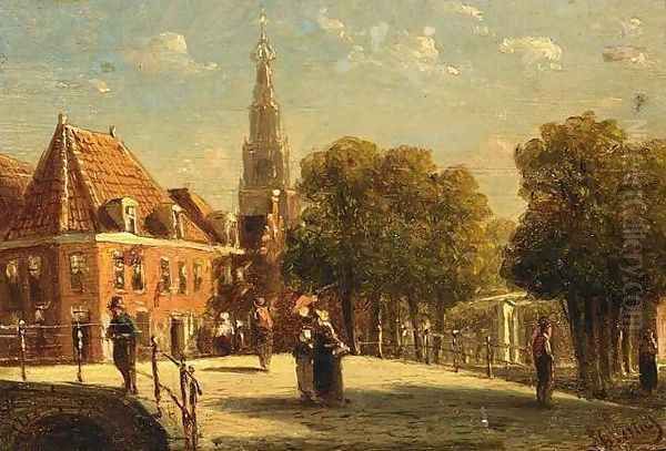 Figures on a Bridge in Alkmaar Oil Painting by Pieter Gerard Vertin