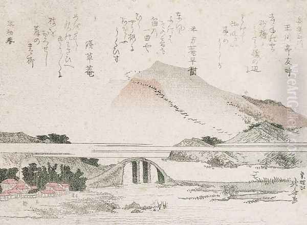 Mountainous Landscape with a Bridge Oil Painting by Katsushika Hokusai