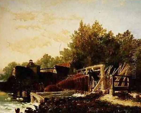 Bucks Damaged by Flood Mapledurham Berks Morning Oil Painting by Edmund John Niemann, Snr.