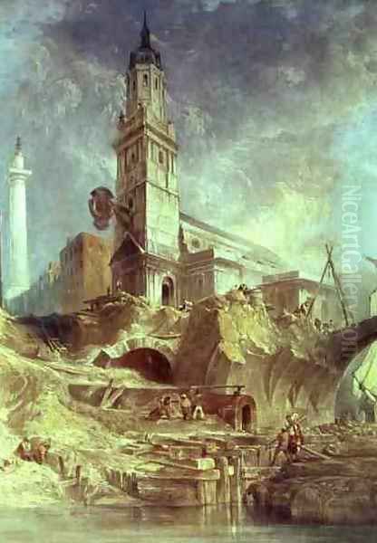 Demolishing Old London Bridge with St Magnus the Martyr behind Oil Painting by James Holland