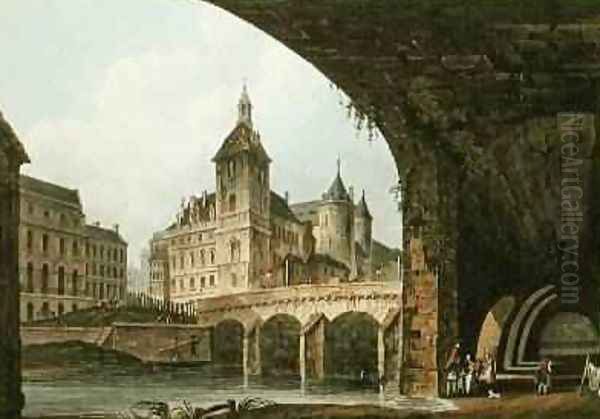 View of the PontauChange the Tour de lHorloge and the Conciergerie 1805 Oil Painting by John Claude Nattes