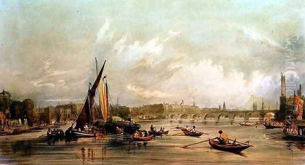 Waterloo Bridge from the West with a Boat Race Oil Painting by William Parrott