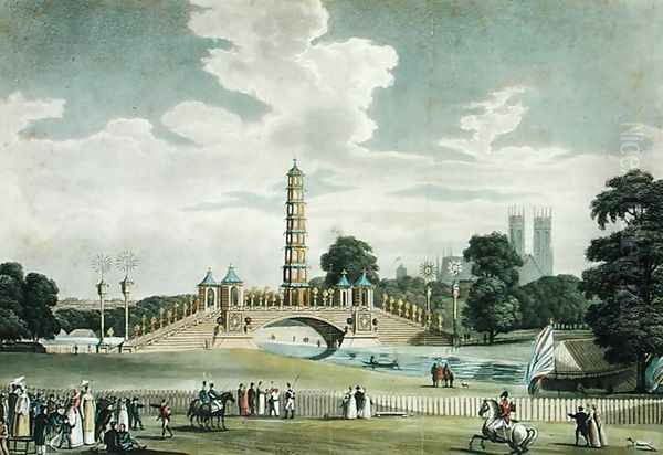 View of the Bridge and Pagoda, St. Jamess Park, Erected for the Grand Jubilee, In Celebration of the Peace, engraved by J. R. Hamble, 1814 Oil Painting by Augustus Charles Pugin