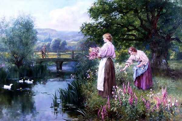 Girls Collecting Flowers Oil Painting by Henry John Yeend King