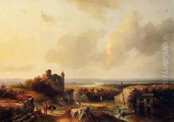 AnExtensive River Landscape With Travellers On A Path And A Castle In Ruins In The Distance Oil Painting by Barend Cornelis Koekkoek