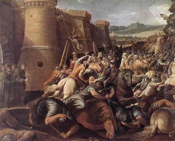 St Clare with the Scene of the Siege of Assisi Oil Painting by Giuseppe Cesari