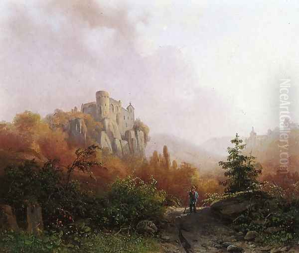 Summer: A Peasant on a Rocky Path, a Ruin in the Background Oil Painting by Alexander Joseph Daiwaille