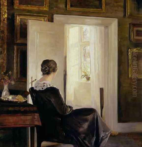 A woman seated near a door Oil Painting by Carl Vilhelm Holsoe