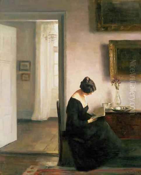 Woman Reading in an Interior Oil Painting by Carl Vilhelm Holsoe