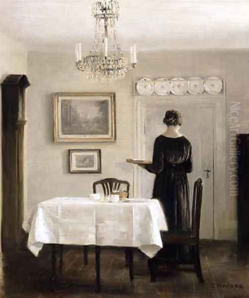 Interior with Lady Carrying Tray Oil Painting by Carl Vilhelm Holsoe