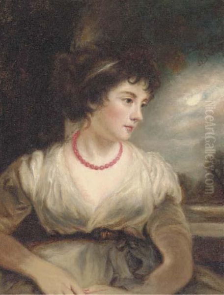 Portrait Of A Girl, Half-length, In A White Dress, A Moonlitlandscape Beyond Oil Painting by Thomas Gainsborough