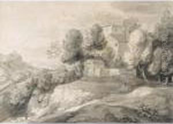 Wooded Landscape With Figures On A Pathway And Buildings Beyond Oil Painting by Thomas Gainsborough