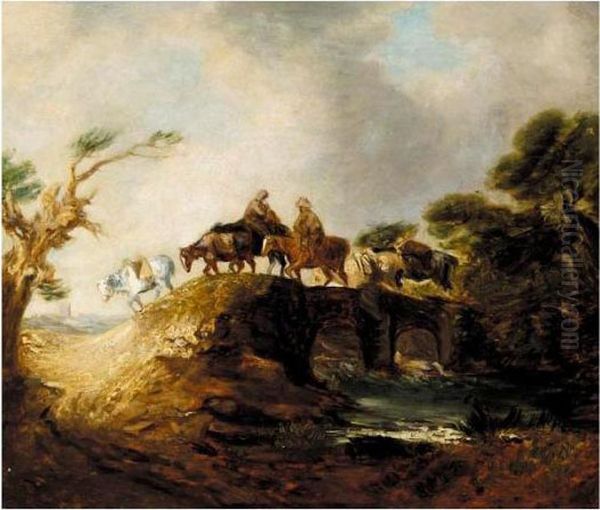 Open Landscape With Riders And Packhorses Crossing A Bridge Oil Painting by Thomas Gainsborough