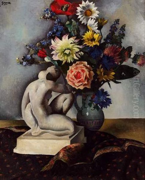 Nature Morteau Bouquet De Fleurset A La Statuette Oil Painting by Paul-Elie Gernez