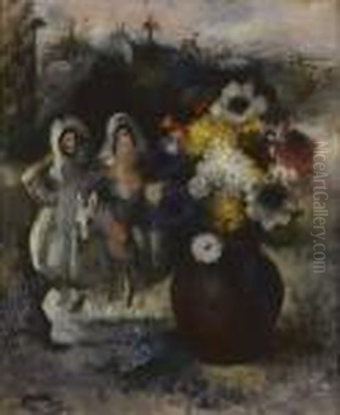 Couple Au Bouquet De Fleurs Oil Painting by Paul-Elie Gernez