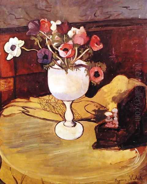 Vase of Flowers, Anemones in a White Glass Oil Painting by Suzanne Valadon