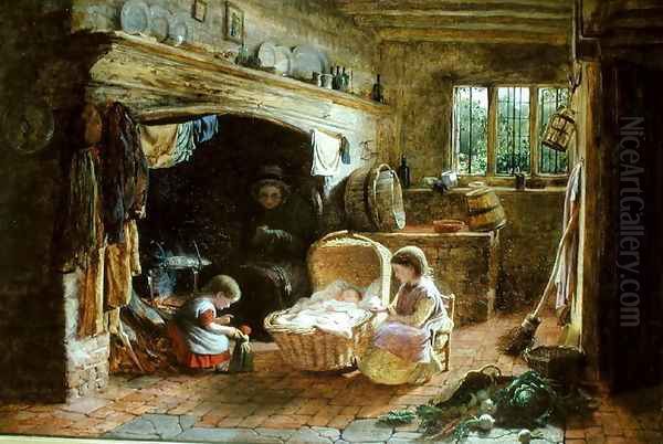 A Cottage Fireside Oil Painting by George Smith