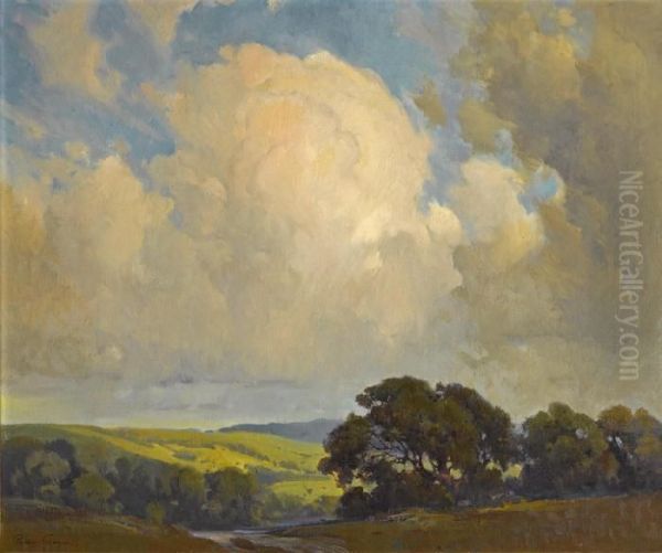 Oaks And Rolling Hills Under Billowing Clouds by Percy Gray