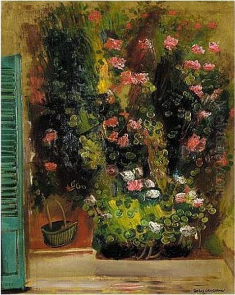 Still Life With Flowers And Green Shutters Oil Painting by Boris Dimitrevich Grigoriev