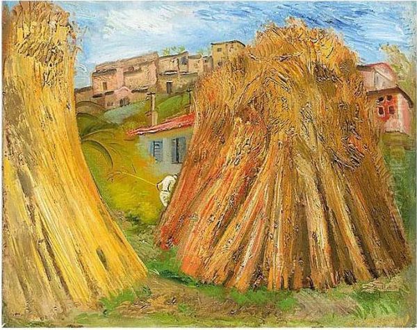 Haystacks Oil Painting by Boris Dimitrevich Grigoriev