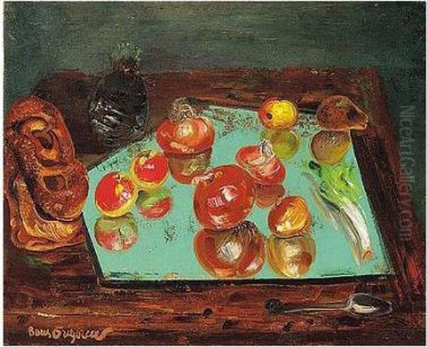 Still Life With Apples, Vegetables And Bread Oil Painting by Boris Dimitrevich Grigoriev