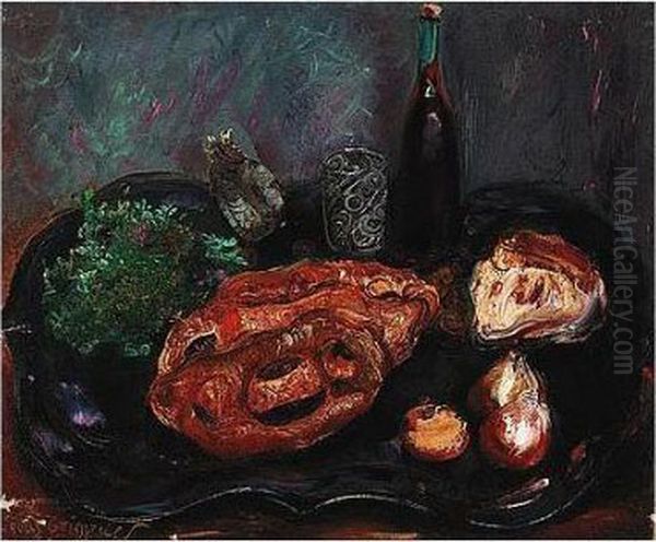 Still Life With Bread And Onions Oil Painting by Boris Dimitrevich Grigoriev