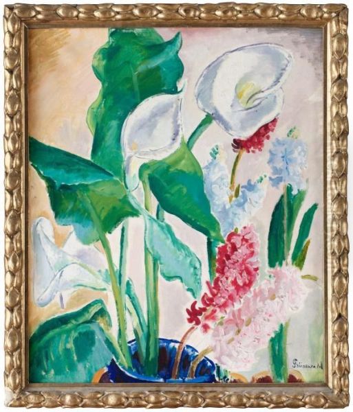 Blomsterstilleben Med Kallor Och Hyacinter Oil Painting by Isaac Grunewald