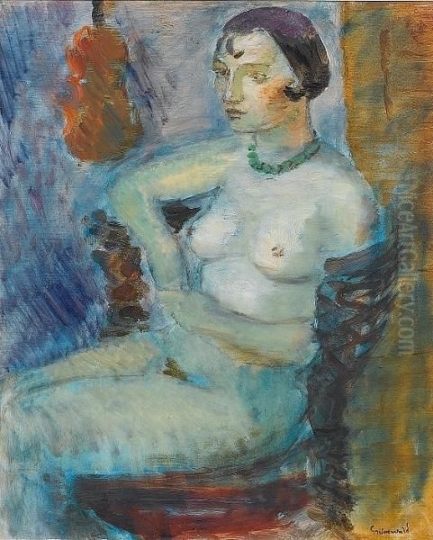 Seated Nude Female Figure With Hanging Violin Oil Painting by Isaac Grunewald