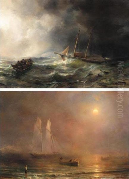 The Schooner Claymore In A Storm; The Schooner Claymore On Calm Seas Oil Painting by Theodore Gudin