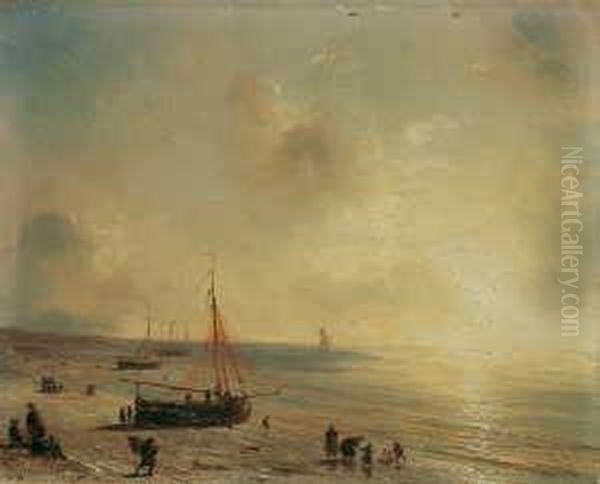 Fischerboote Am Strand Bei Den Haag. Oil Painting by Theodore Gudin