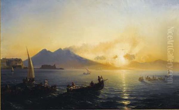 Baie De Naples Avec Le Vesuve Et Le Castel Dell'ovo Au Lever Du Jour Oil Painting by Theodore Gudin