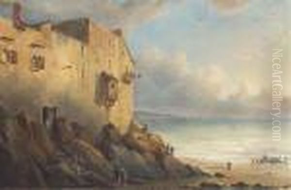 Un Paysage De Bord De Mer Avec Des Maisons A Gauche Et Deux Barquesen Contre-bas Oil Painting by Theodore Gudin