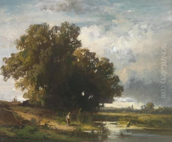 Abendliche Landschaft Mit Teich Vor Malerischer Baumgruppe Oil Painting by Fritz Halberg-Krauss