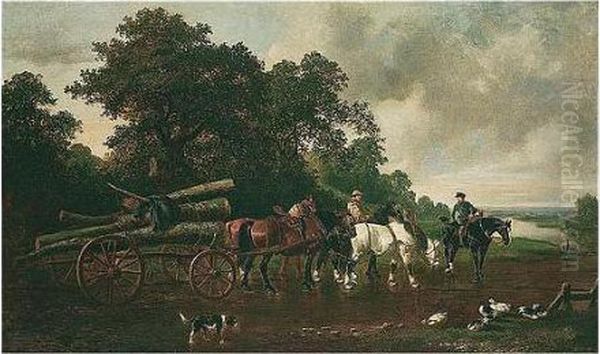 Timber Wagon Crossing The Ford Oil Painting by John Frederick Herring Snr