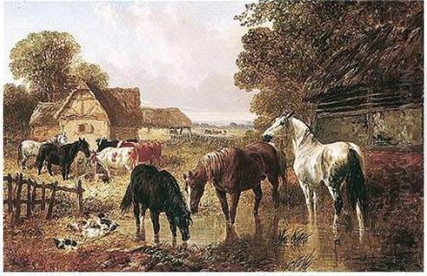 Horses And Cattle In A Farmyard Oil Painting by John Frederick Herring Snr