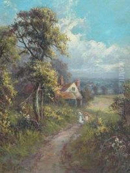 Sunset With Shepherd And Flock And Children On A Pathway Near A Cottage Oil Painting by Frank Hider