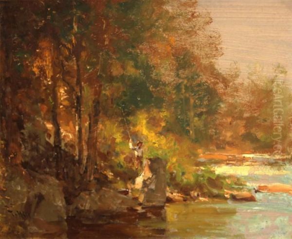 Fisherman By A Stream Oil Painting by Thomas Hill