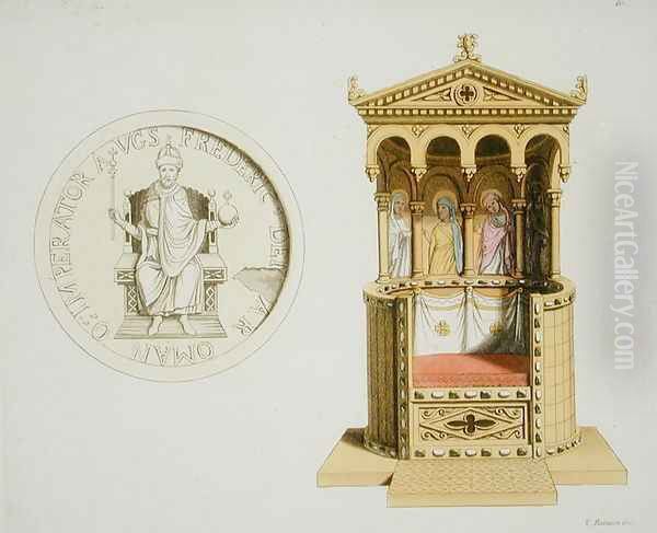 Coin and throne of Frederick Barbarossa c.1123-90 from Le Costume Ancien et Moderne, by Jules Ferrario, published c.1820s-30s Oil Painting by Vittorio Raineri