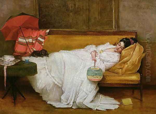 Girl in a white dress resting on a sofa Oil Painting by Alfred-Emile-Leopole Stevens