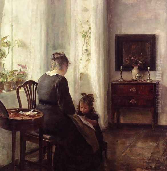 Mother and Child by a window Oil Painting by Carl Vilhelm Holsoe