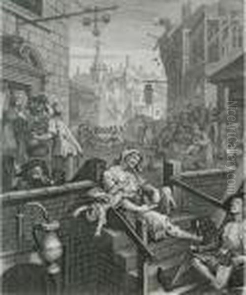 Beer Street; Gin Lane Oil Painting by William Hogarth