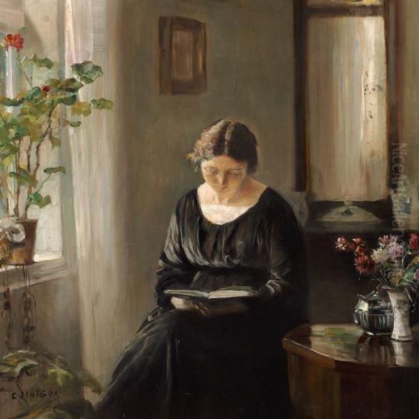 Interior With The Artist's Wife Reading At The Window Oil Painting by Carl Vilhelm Holsoe