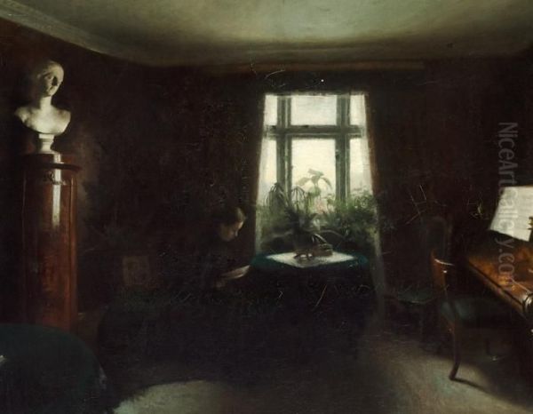 Interior With A Sitting Woman Oil Painting by Carl Vilhelm Holsoe