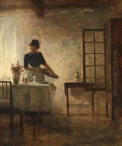 Woman Setting The Table Oil Painting by Carl Vilhelm Holsoe