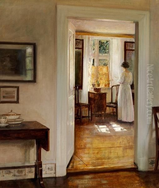 Interior With The Artist's Wife At The Window Oil Painting by Carl Vilhelm Holsoe