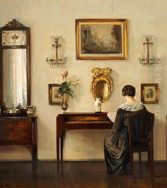 Interior With The Artist's Wife At The Piano Oil Painting by Carl Vilhelm Holsoe